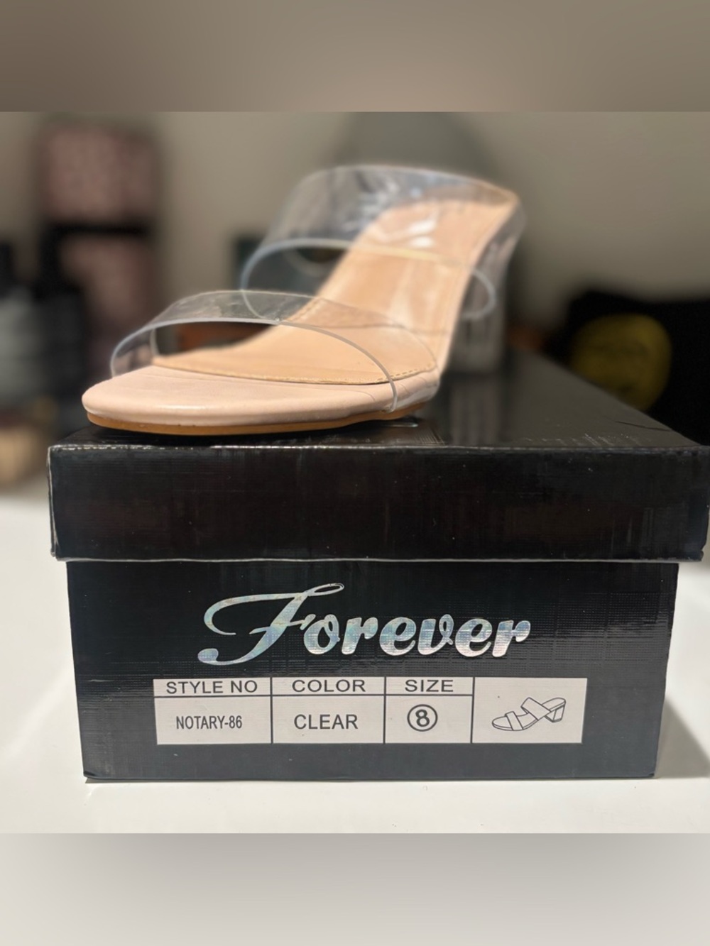 Forever Clear Two-Strap Slide with Nude Footbed Size 8